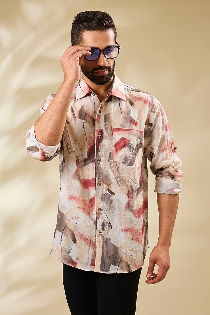 Pink Linen Printed Party Wear Shirt by Linen Bloom Men at Pernia's Pop Up Shop