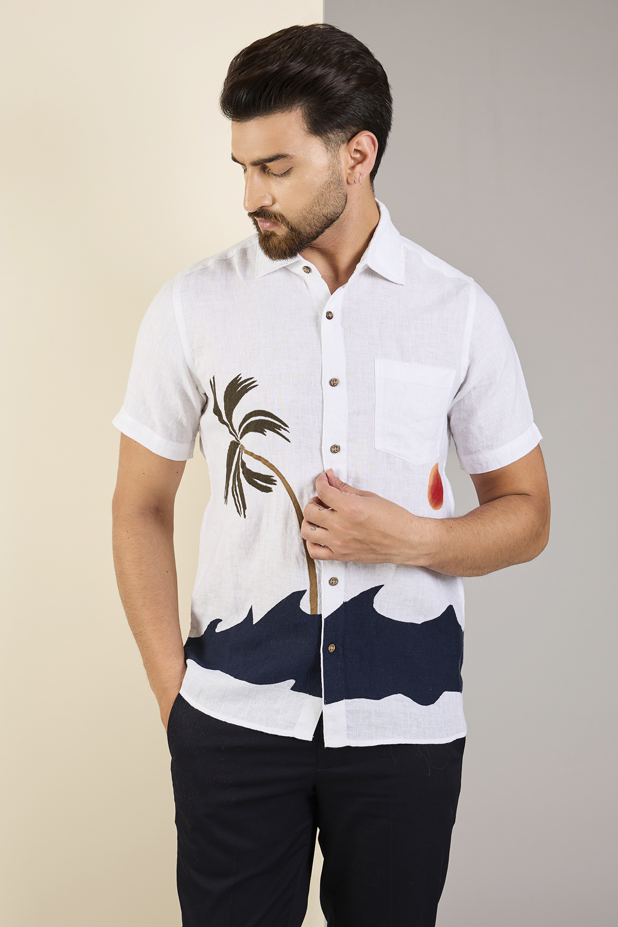 White Linen Embroidered Shirt by Linen Bloom Men