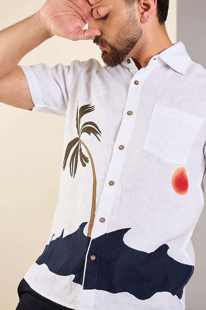 White Linen Embroidered Shirt by Linen Bloom Men at Pernia's Pop Up Shop