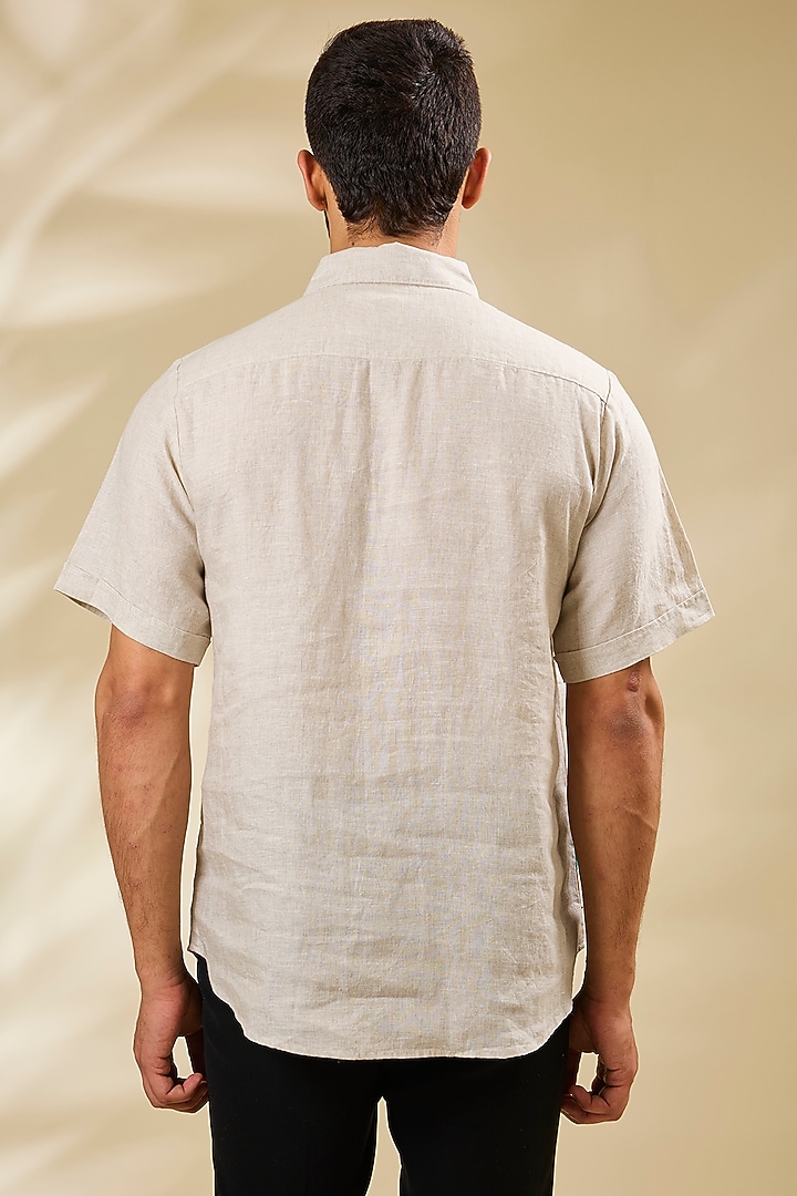 Beige Linen Embroidered Party Wear Shirt by Linen Bloom Men at Pernia's Pop Up Shop