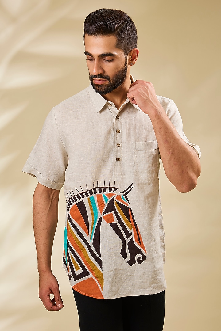Beige Linen Embroidered Party Wear Shirt by Linen Bloom Men at Pernia's Pop Up Shop