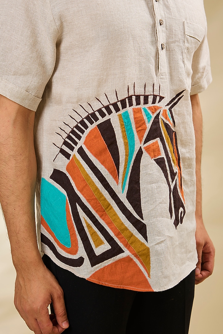 Beige Linen Embroidered Party Wear Shirt by Linen Bloom Men at Pernia's Pop Up Shop
