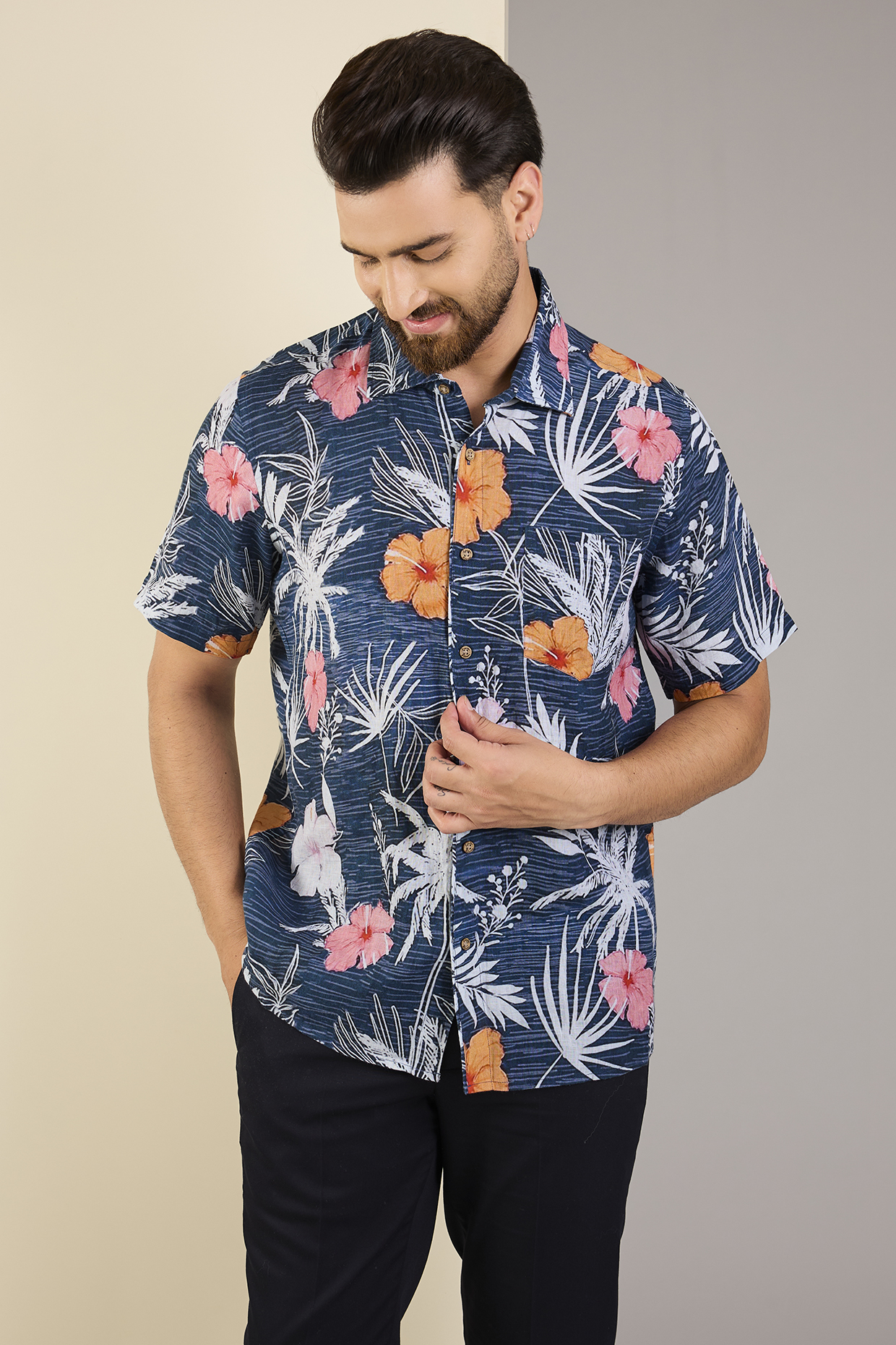 Navy Blue Linen Floral Printed Shirt by Linen Bloom Men