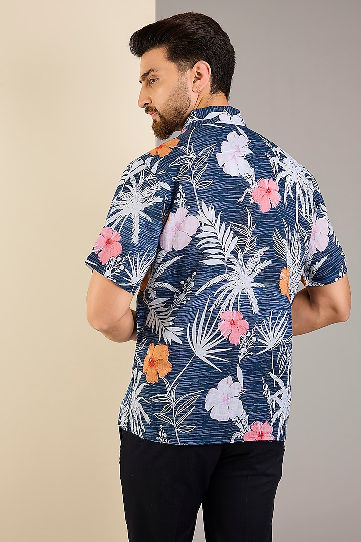 Navy Blue Linen Floral Printed Shirt by Linen Bloom Men at Pernia's Pop Up Shop