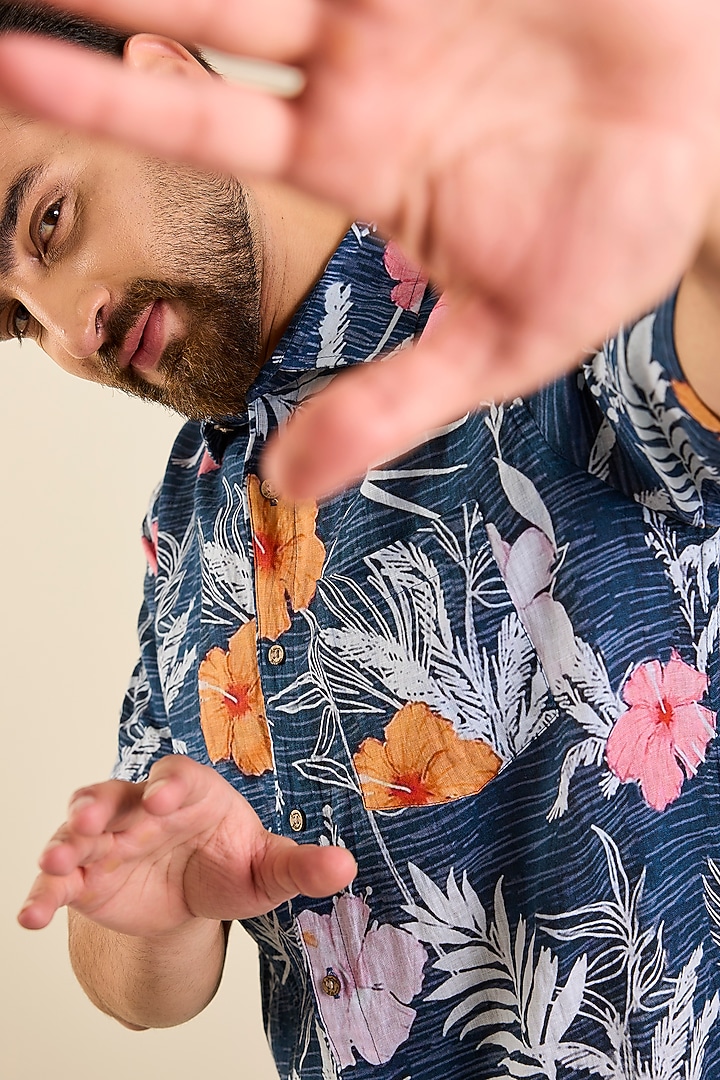 Navy Blue Linen Floral Printed Shirt by Linen Bloom Men at Pernia's Pop Up Shop