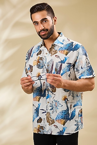 Multi-Colored Linen Printed Shirt by Linen Bloom Men