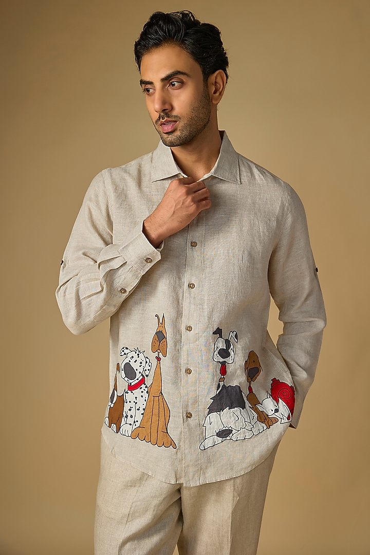 Beige Linen Wedding Shirt by Linen Bloom Men at Pernia's Pop Up Shop