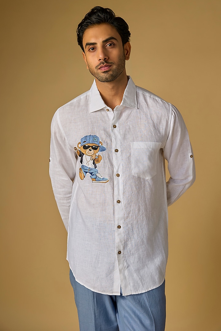 White Linen Party Wear Shirt by Linen Bloom Men at Pernia's Pop Up Shop
