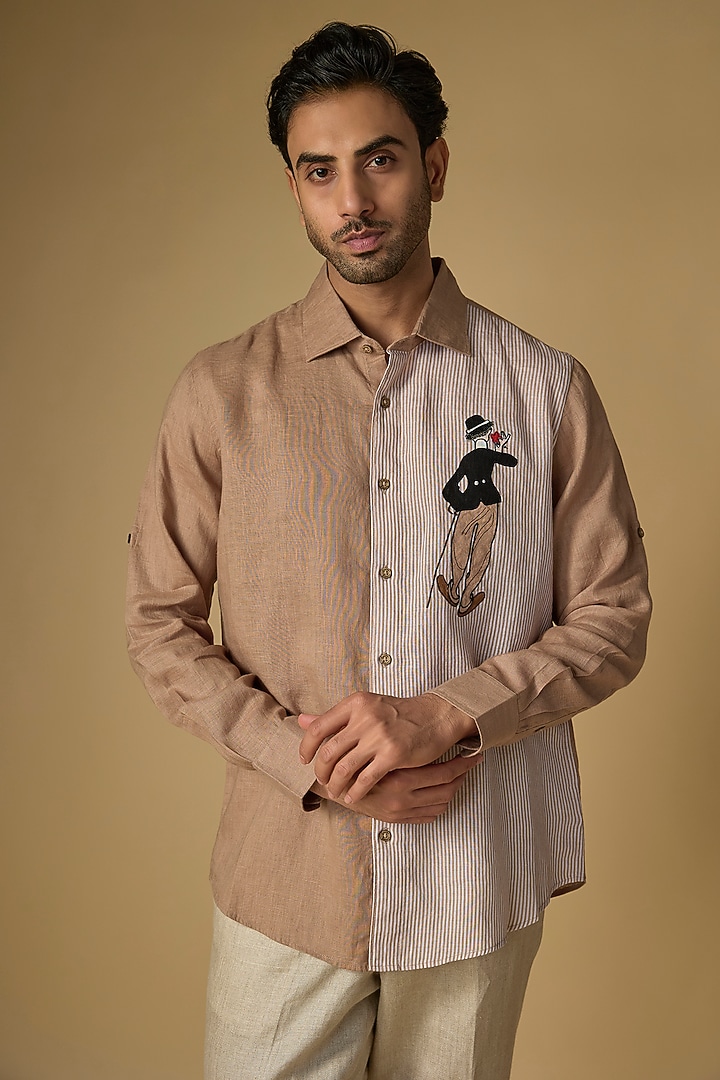Khaki Linen Party Wear Shirt by Linen Bloom Men at Pernia's Pop Up Shop