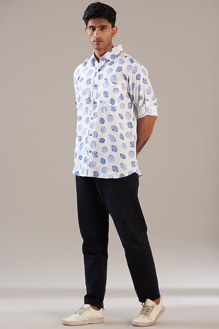 Blue Pure Linen Printed Shirt by Linen Bloom Men