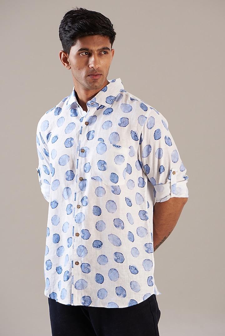 Blue Pure Linen Printed Party Wear Shirt by Linen Bloom Men at Pernia's Pop Up Shop