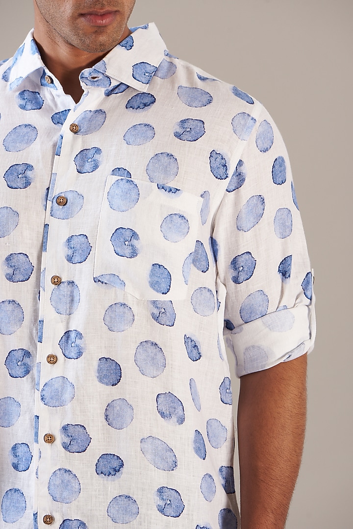 Blue Pure Linen Printed Party Wear Shirt by Linen Bloom Men at Pernia's Pop Up Shop