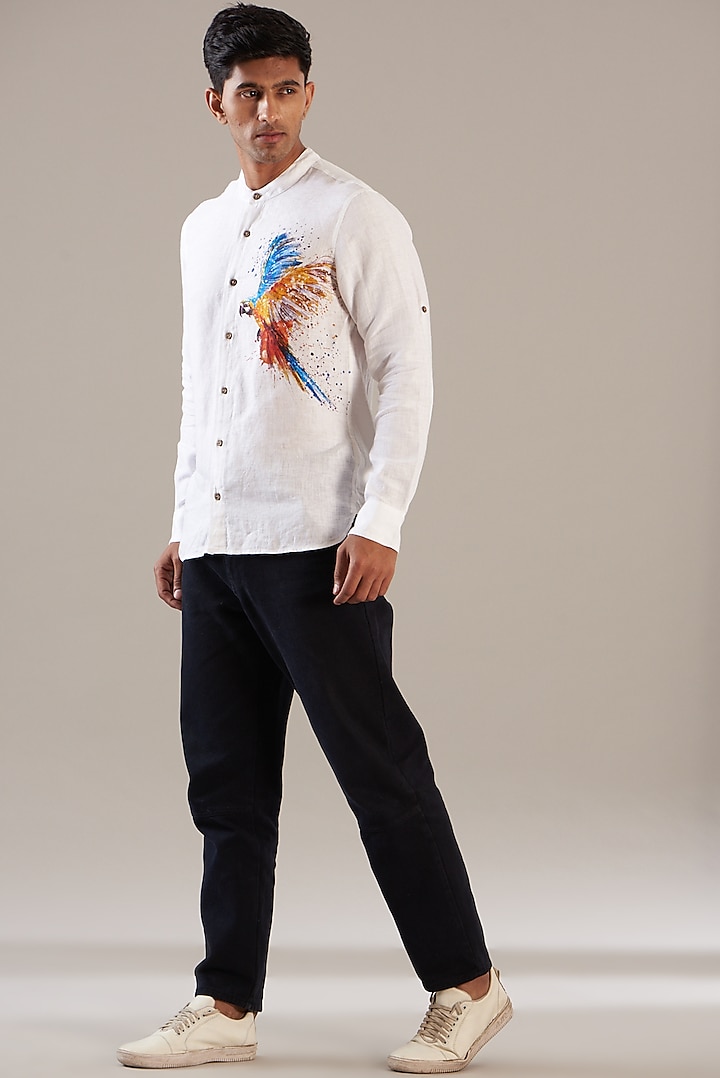 White Pure Linen Printed Shirt by Linen Bloom Men