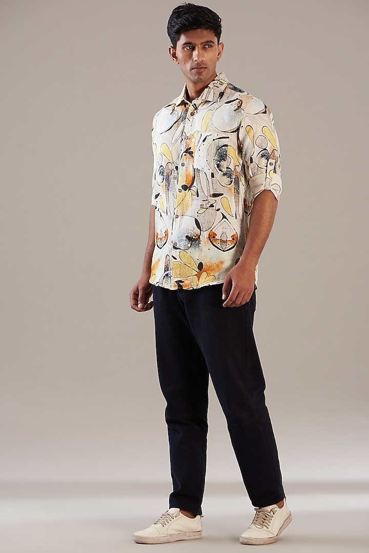 White Pure Linen Printed Shirt by Linen Bloom Men