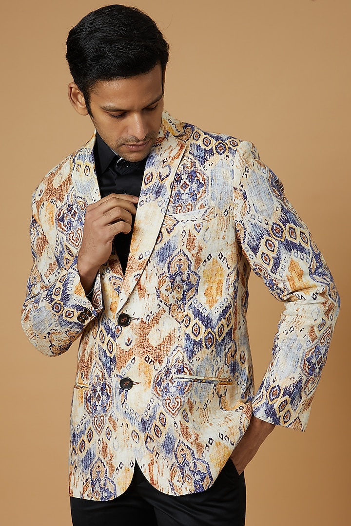 Multi-Colored Linen Printed Blazer by Linen Bloom Men