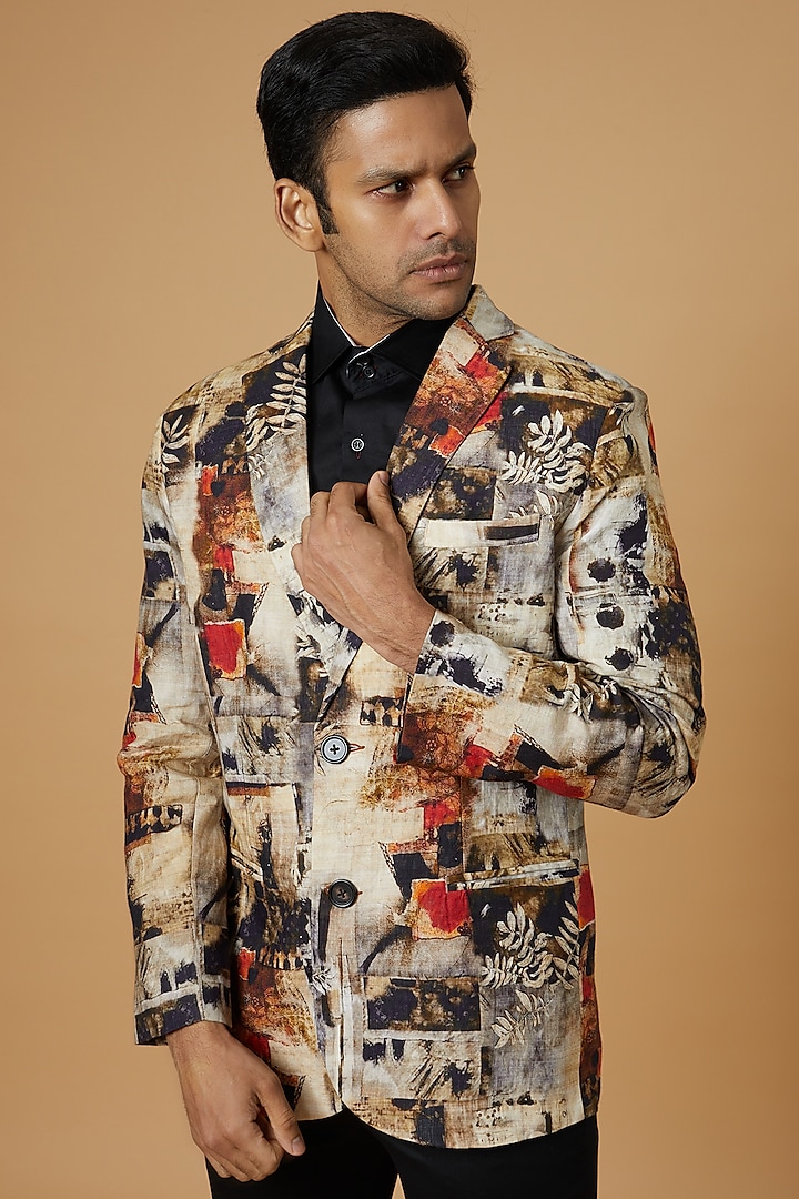 Multi-Colored Linen Digital Printed Blazer by Linen Bloom Men