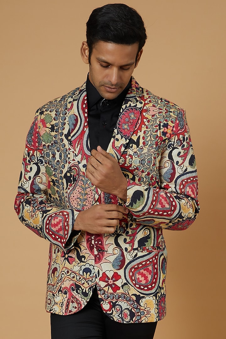 Multi-Colored Linen Paisley Printed Blazer by Linen Bloom Men