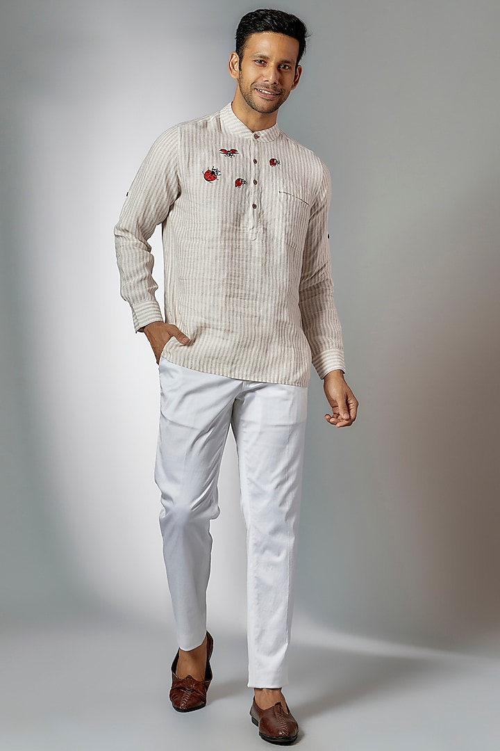 Light Beige Striped Linen Embroidered Kurta by Linen Bloom Men at Pernia's Pop Up Shop
