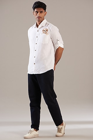 Ivory Pure Linen Embroidered Shirt by Linen Bloom Men