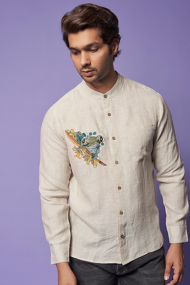 Beige Pure Linen Embroidered Shirt by Linen Bloom Men