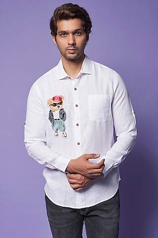 White Pure Linen Embroidered Shirt by Linen Bloom Men