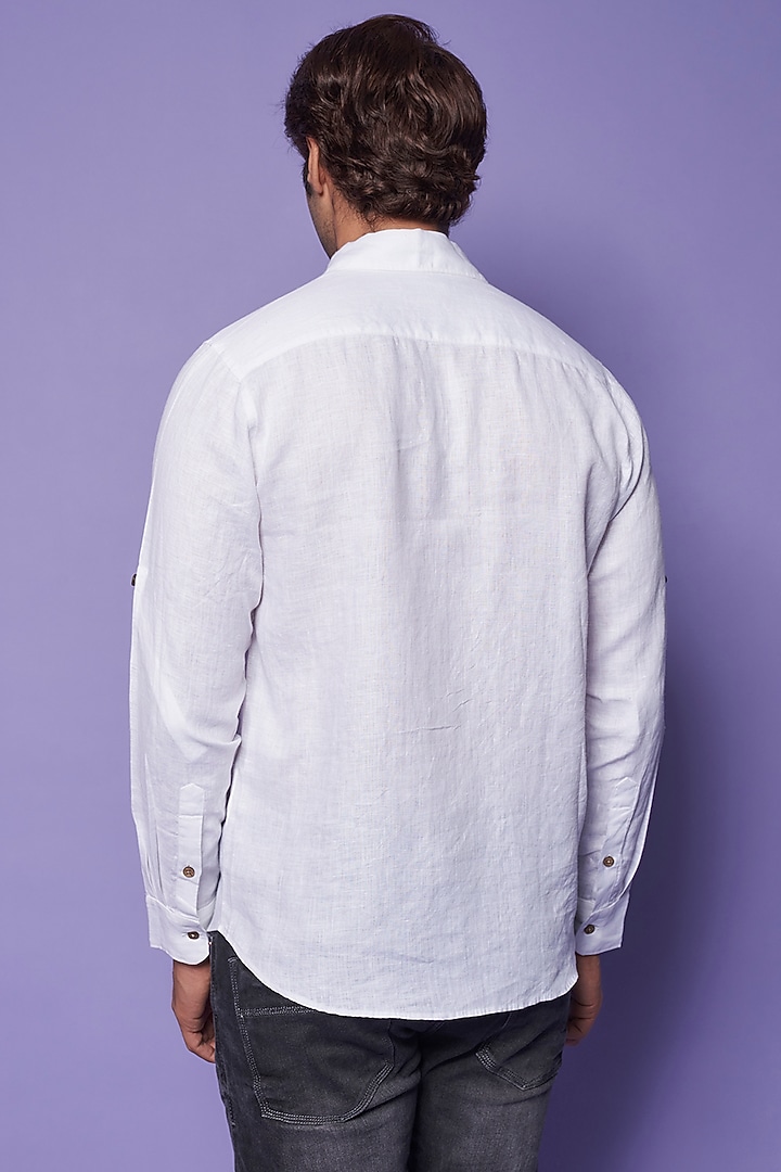 White Pure Linen Embroidered Party Wear Shirt by Linen Bloom Men at Pernia's Pop Up Shop