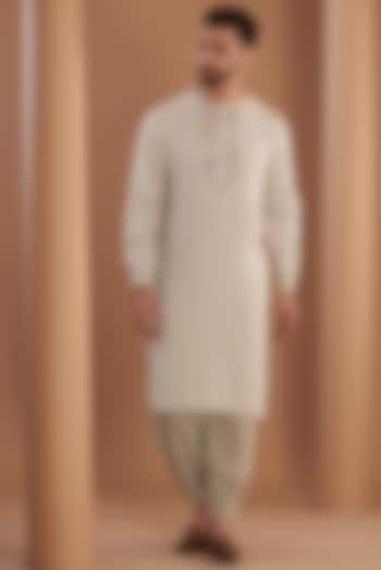 Beige Linen Embroidered Kurta Set by Linen Bloom Men