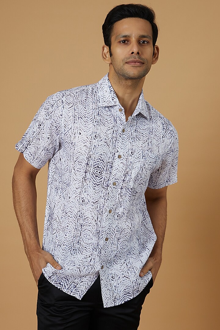 White Linen Digital Printed Shirt by Linen Bloom Men