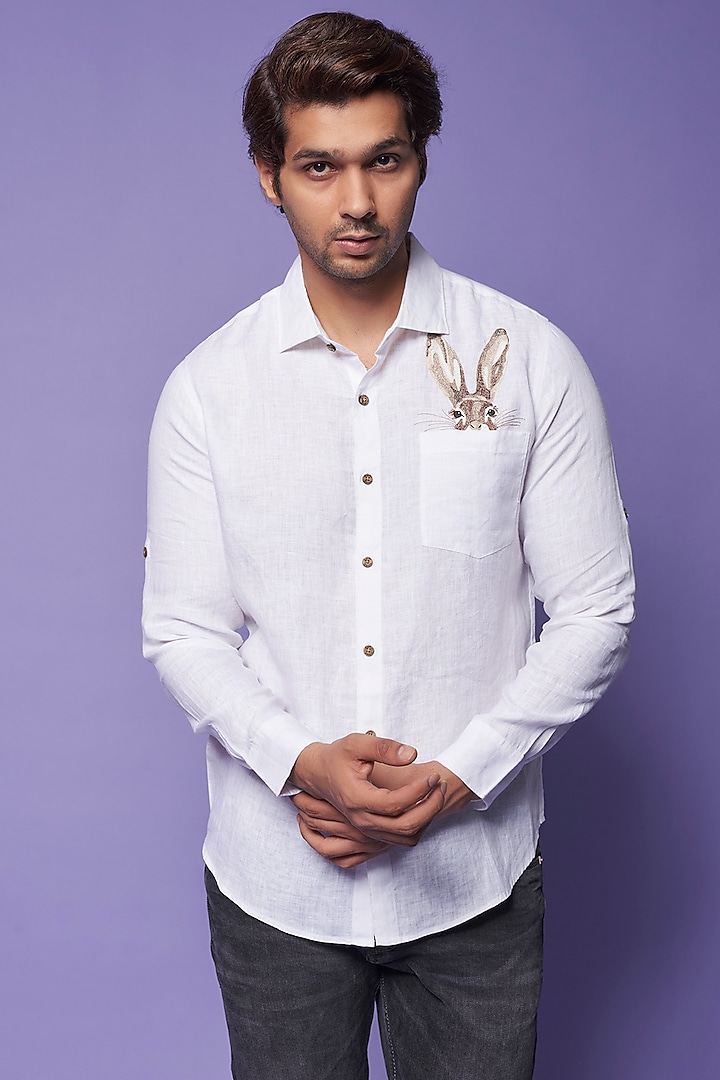 White Pure Linen Embroidered Shirt by Linen Bloom Men