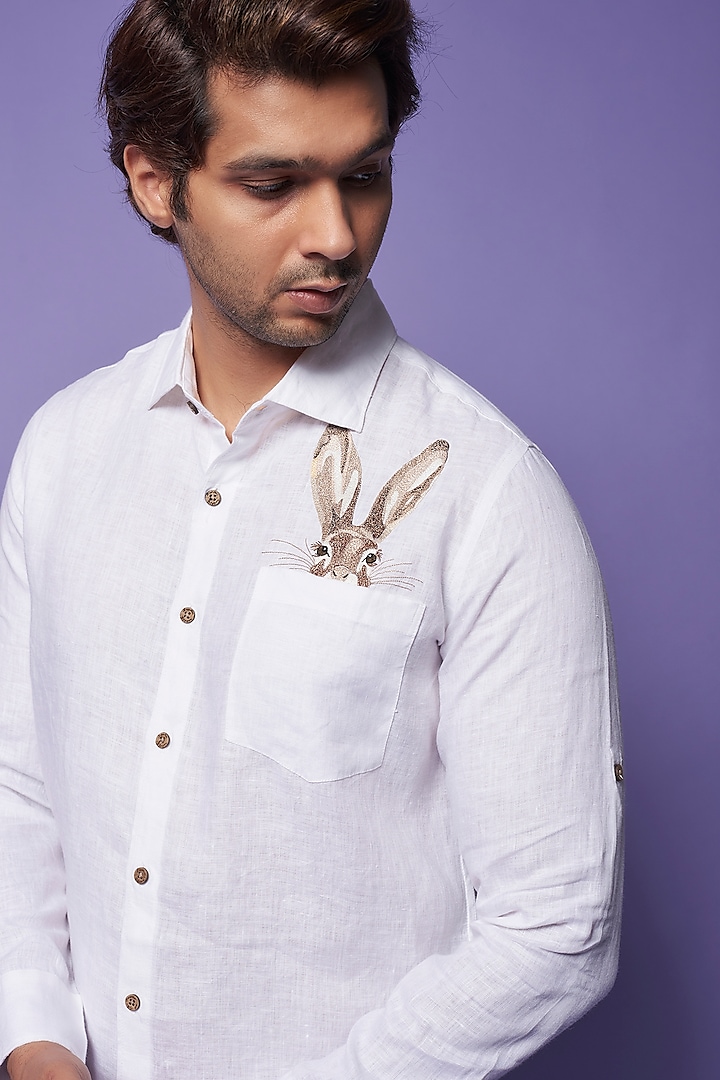 Buy Linen Bloom Men White Pure Linen Embroidered Shirt at Pernia
