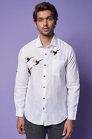 White Pure Linen Embroidered Shirt by Linen Bloom Men