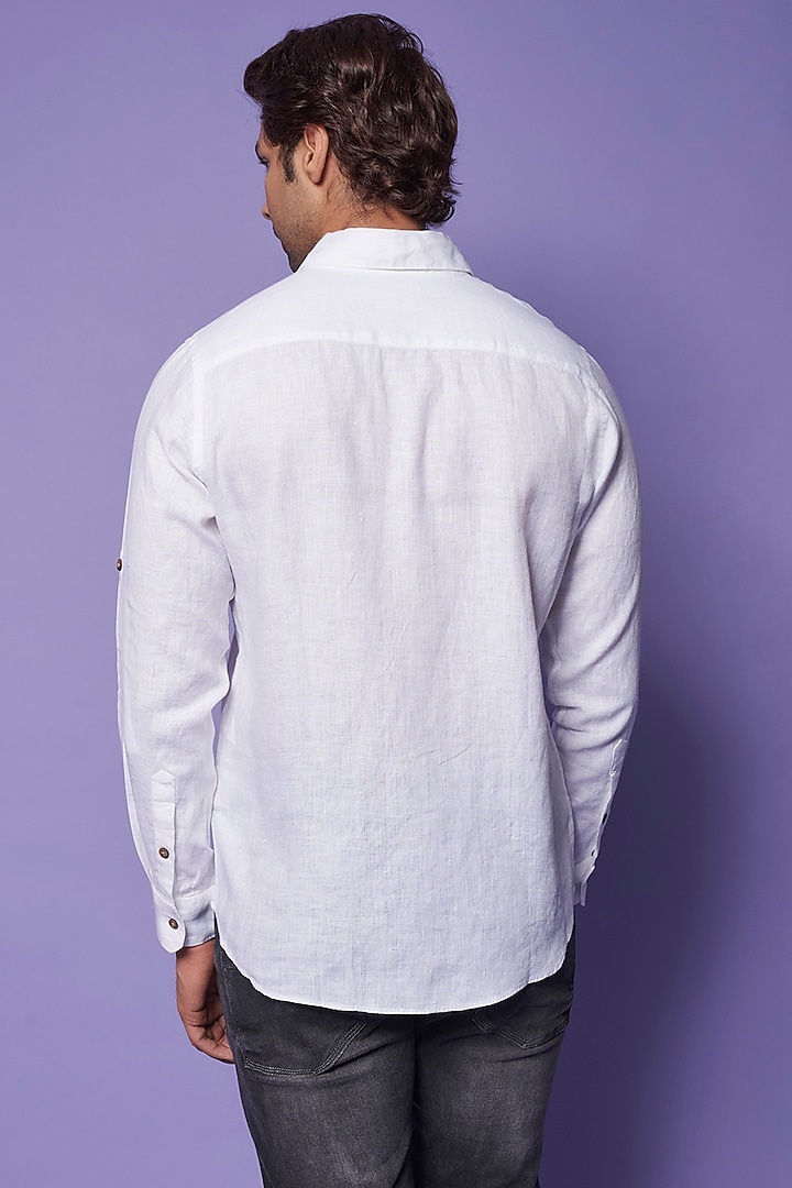 White Pure Linen Embroidered Party Wear Shirt by Linen Bloom Men at Pernia's Pop Up Shop