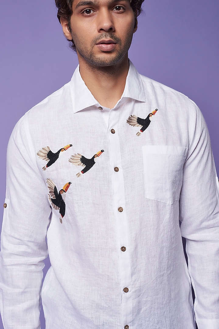 White Pure Linen Embroidered Party Wear Shirt by Linen Bloom Men at Pernia's Pop Up Shop