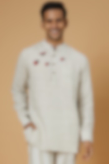 Beige Linen Blend Hand Embroidered Kurta by Linen Bloom Men at Pernia's Pop Up Shop