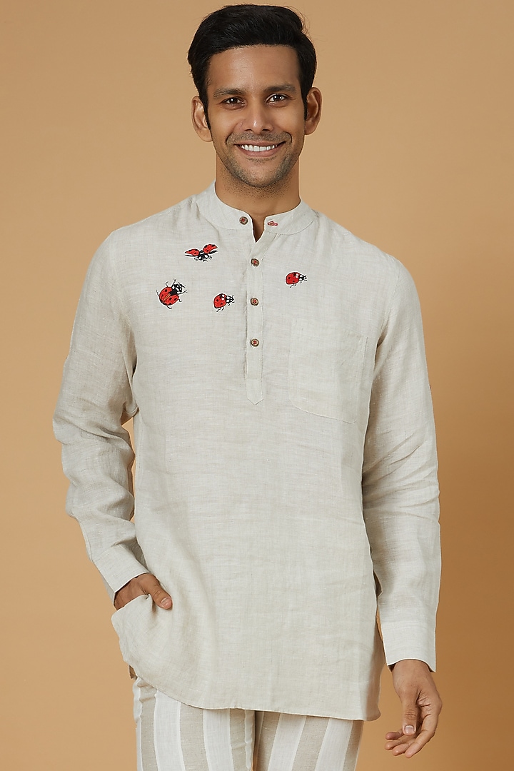 Beige Linen Blend Hand Embroidered Kurta by Linen Bloom Men at Pernia's Pop Up Shop