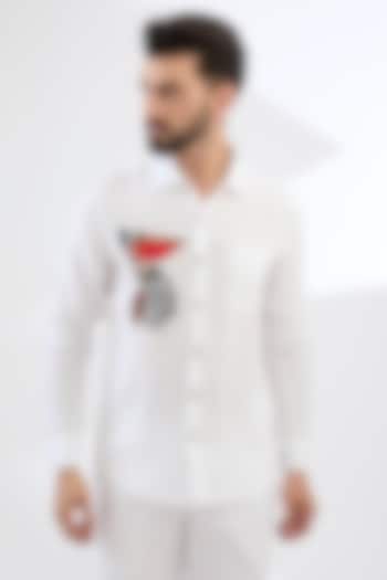 White Pure Linen Thread Embroidered Shirt by Linen Bloom Men