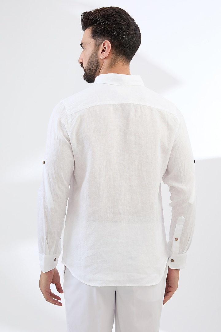 White Pure Linen Thread Embroidered Party Wear Shirt by Linen Bloom Men at Pernia's Pop Up Shop