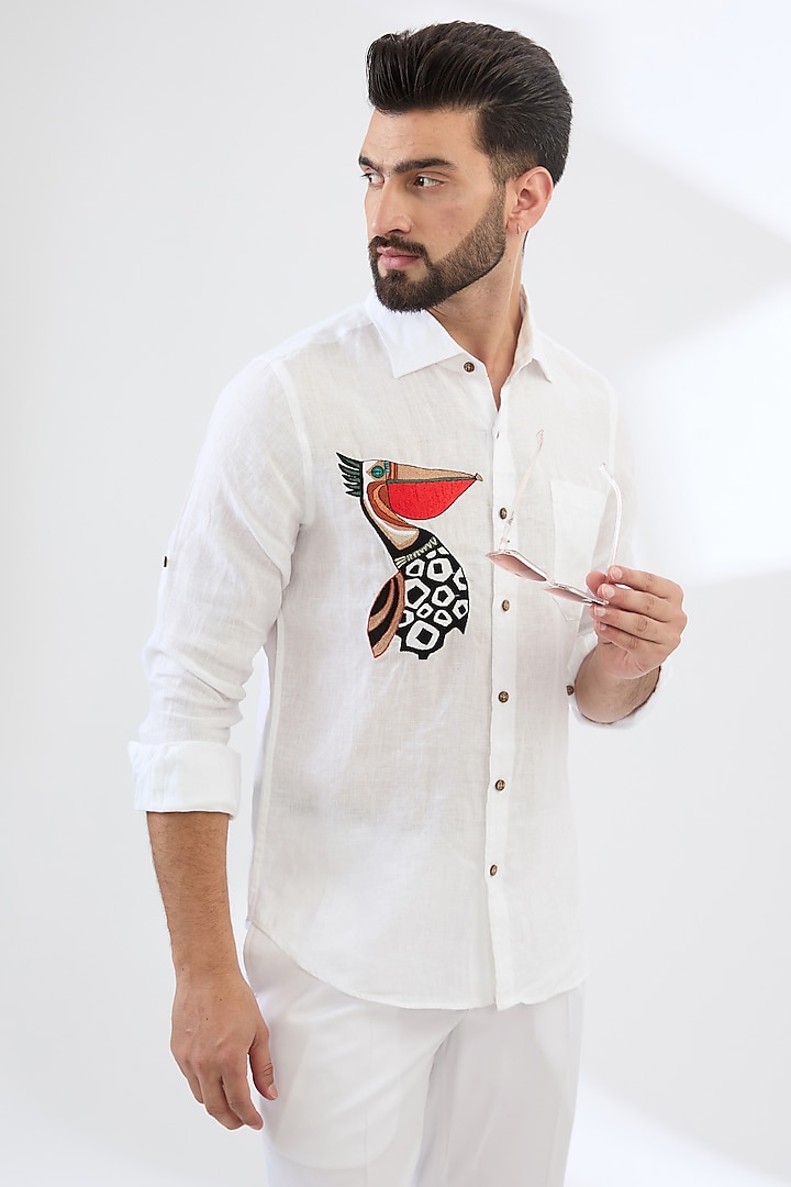 White Pure Linen Thread Embroidered Party Wear Shirt by Linen Bloom Men at Pernia's Pop Up Shop