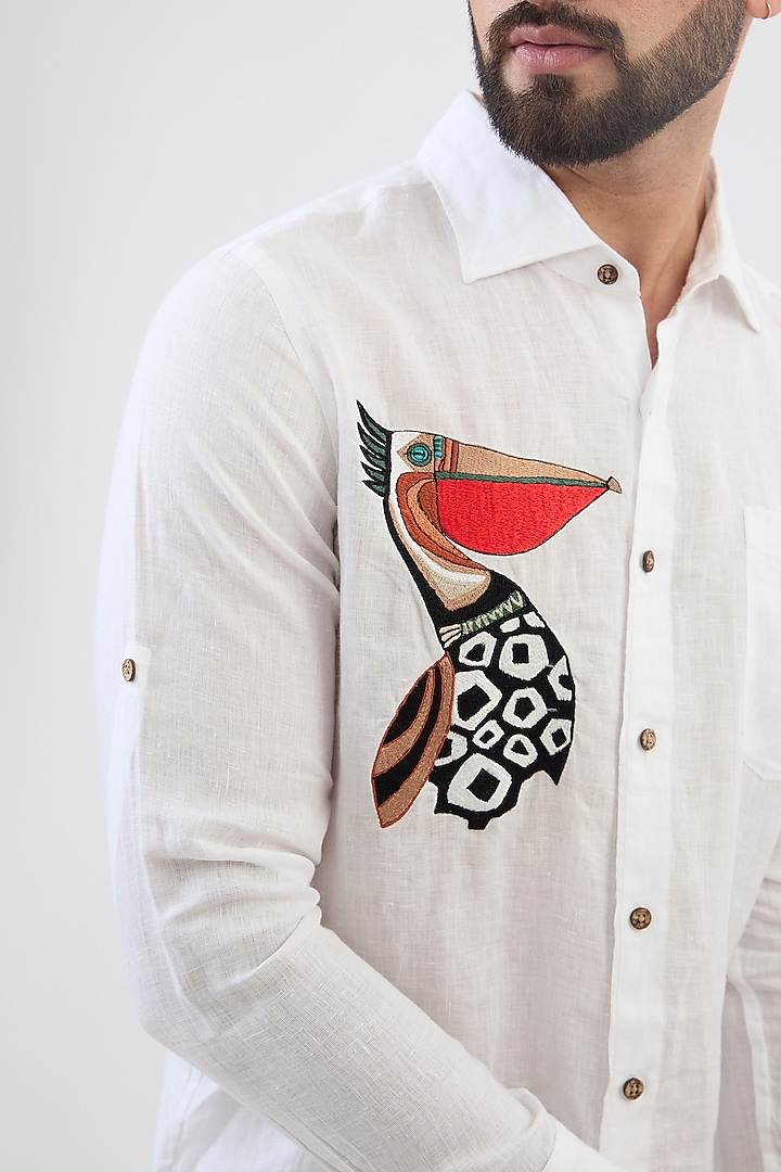 White Pure Linen Thread Embroidered Party Wear Shirt by Linen Bloom Men at Pernia's Pop Up Shop