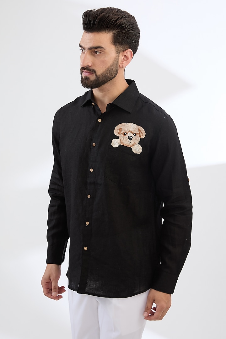 Black Pure Linen Thread Embroidered Shirt by Linen Bloom Men