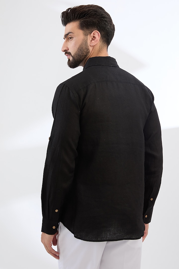 Black Pure Linen Thread Embroidered Party Wear Shirt by Linen Bloom Men at Pernia's Pop Up Shop