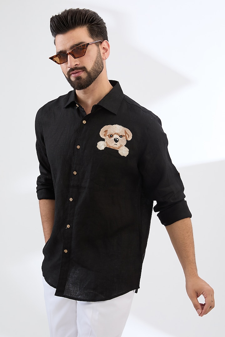 Black Pure Linen Thread Embroidered Party Wear Shirt by Linen Bloom Men at Pernia's Pop Up Shop