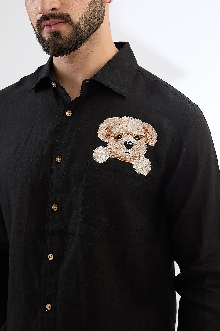 Black Pure Linen Thread Embroidered Party Wear Shirt by Linen Bloom Men at Pernia's Pop Up Shop