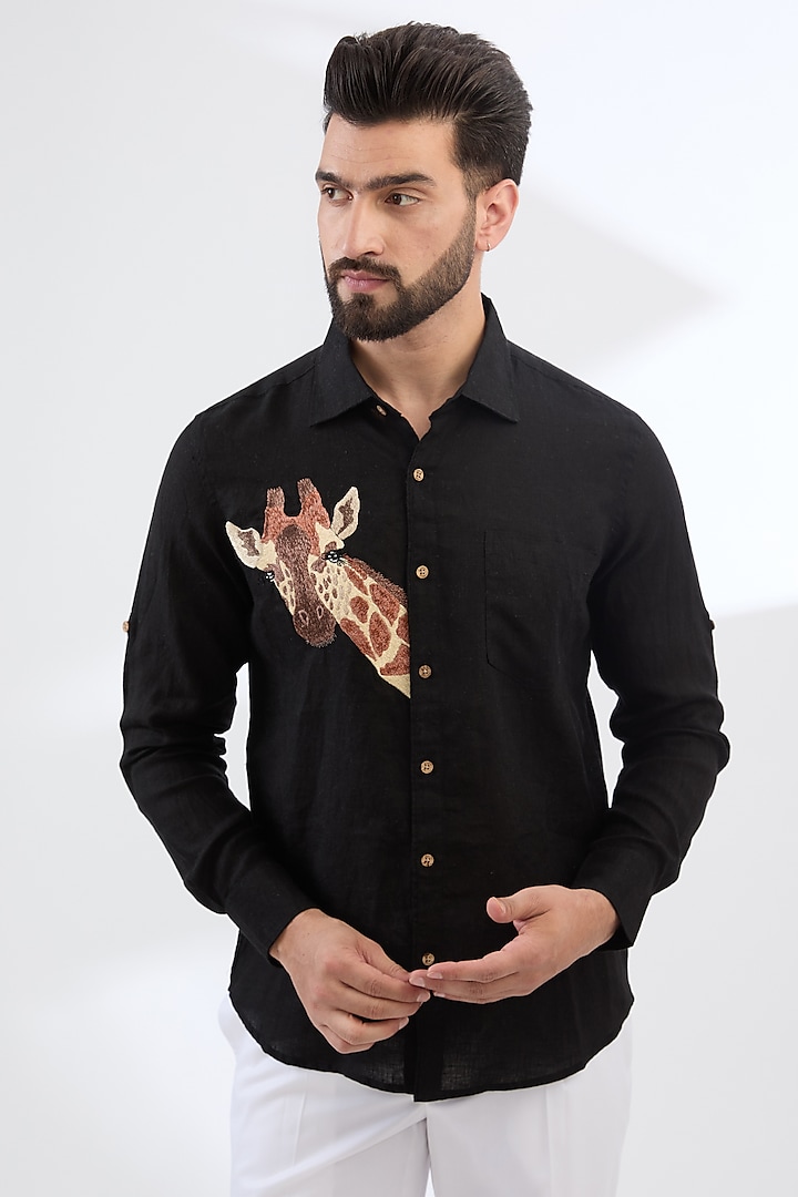 Black Pure Linen Thread Embroidered Shirt by Linen Bloom Men