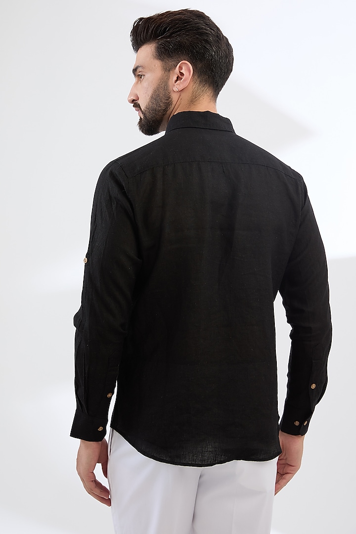 Black Pure Linen Thread Embroidered Party Wear Shirt by Linen Bloom Men at Pernia's Pop Up Shop