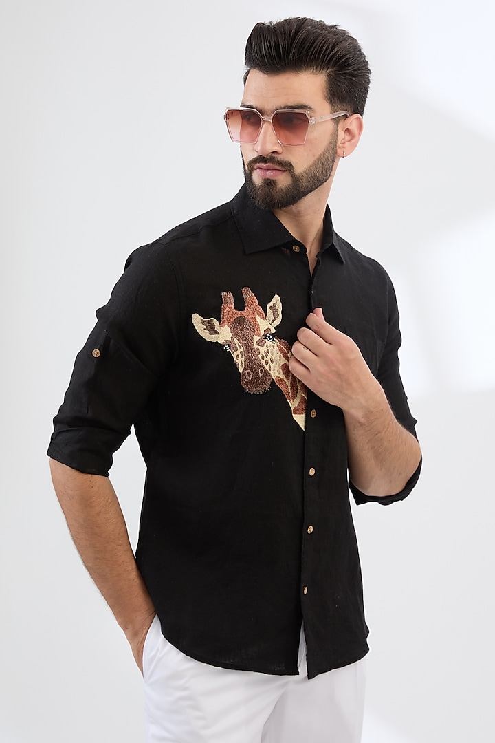 Black Pure Linen Thread Embroidered Party Wear Shirt by Linen Bloom Men at Pernia's Pop Up Shop