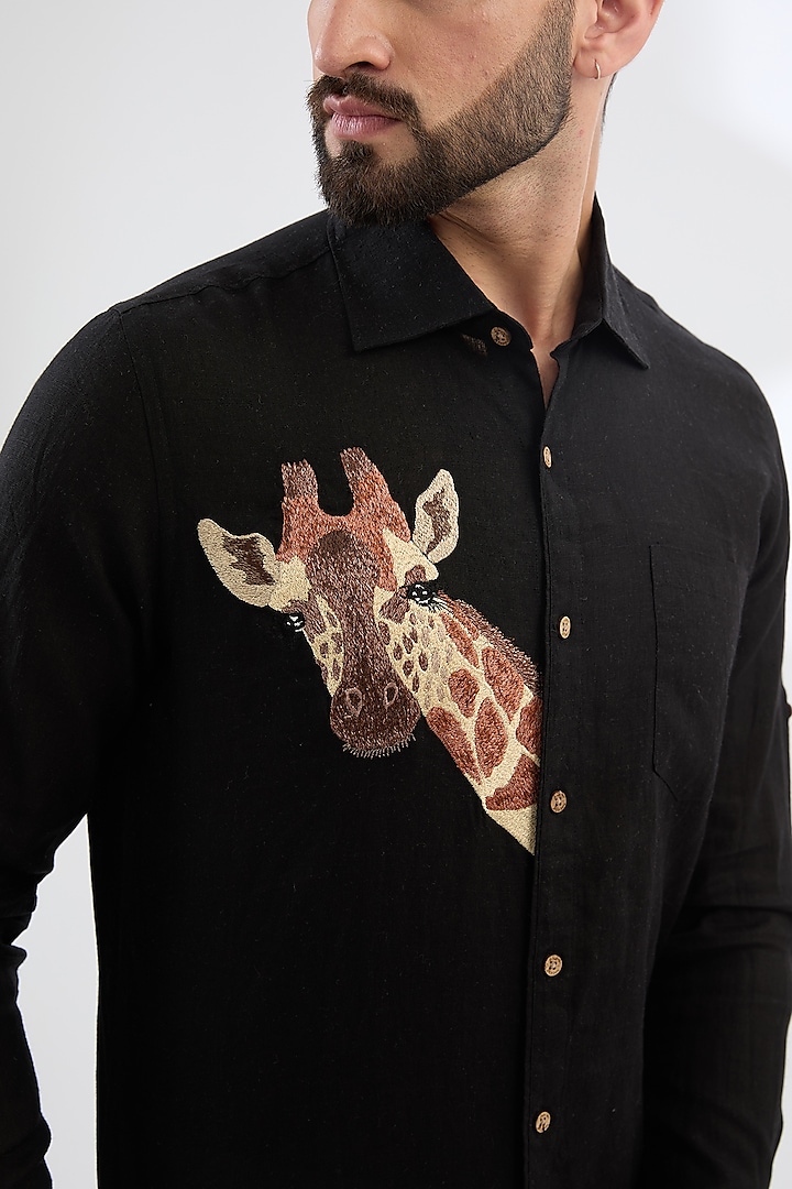 Black Pure Linen Thread Embroidered Party Wear Shirt by Linen Bloom Men at Pernia's Pop Up Shop