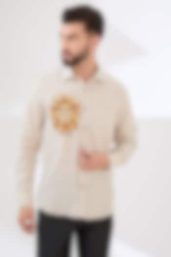 Beige Linen Embroidered Shirt by Linen Bloom Men