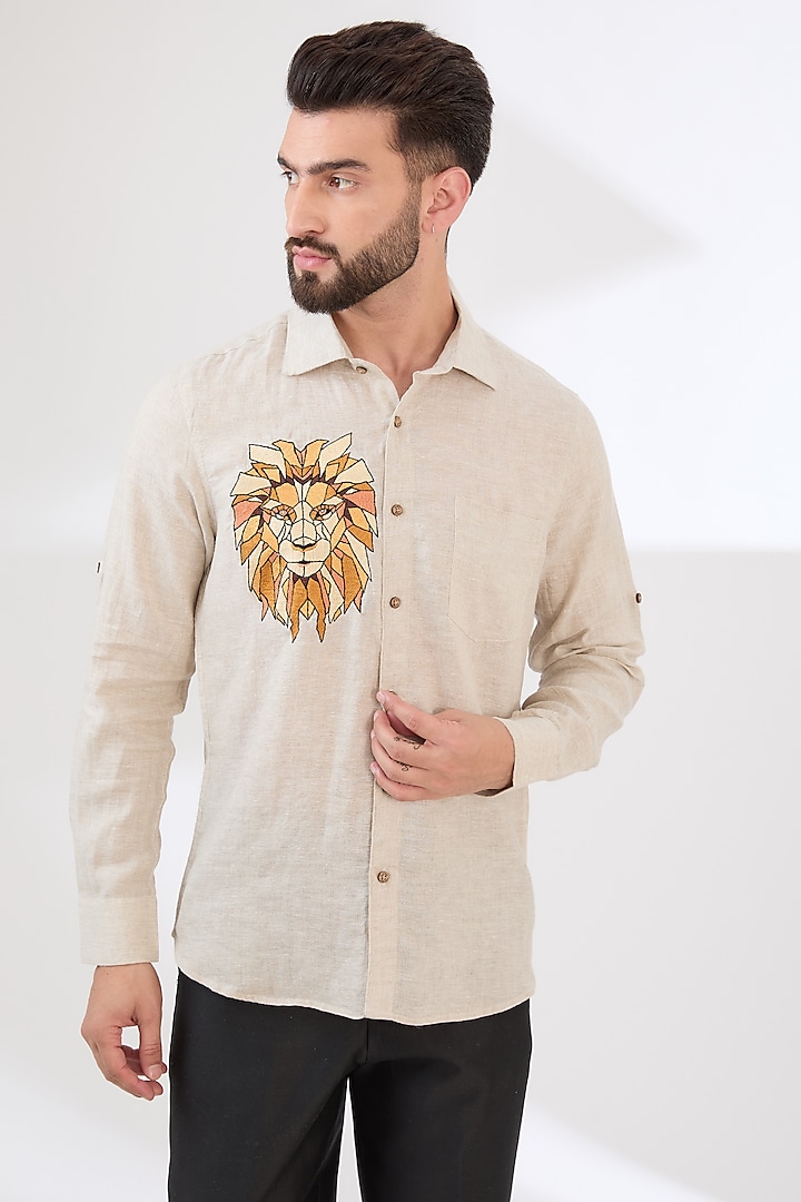 Beige Linen Embroidered Shirt by Linen Bloom Men