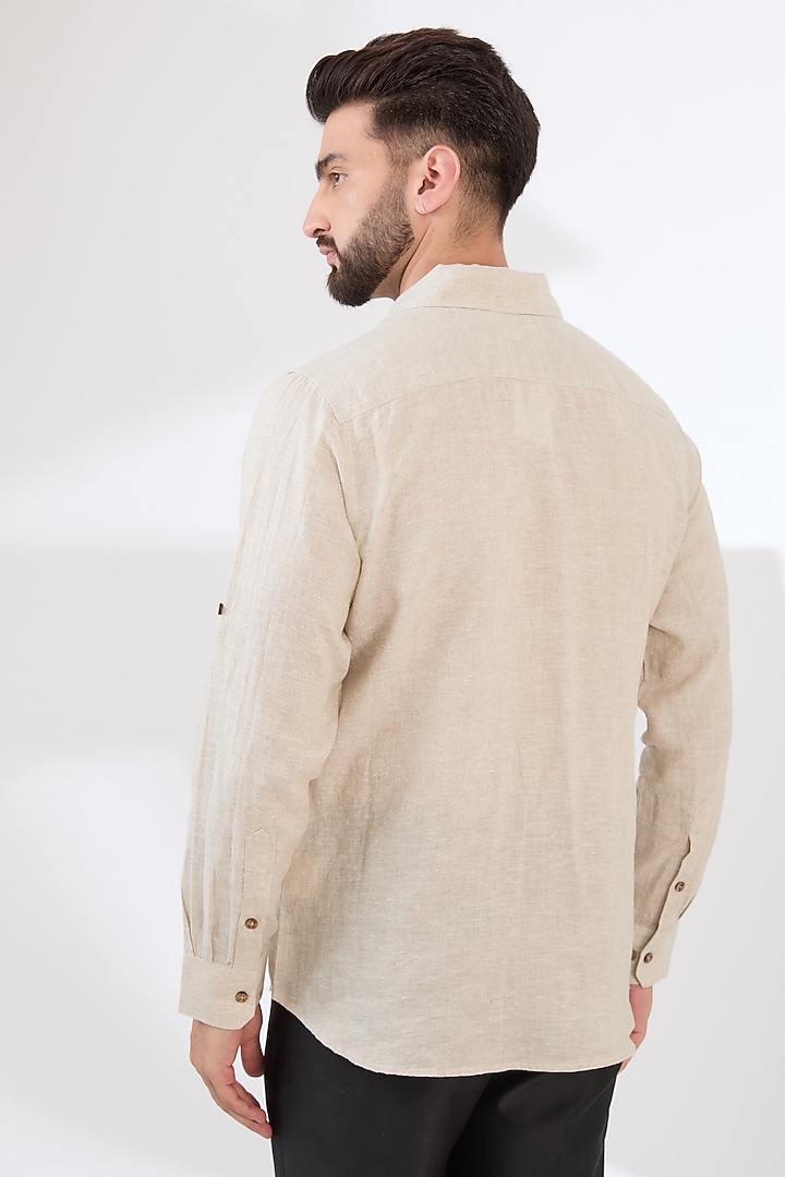 Beige Linen Embroidered Party Wear Shirt by Linen Bloom Men at Pernia's Pop Up Shop